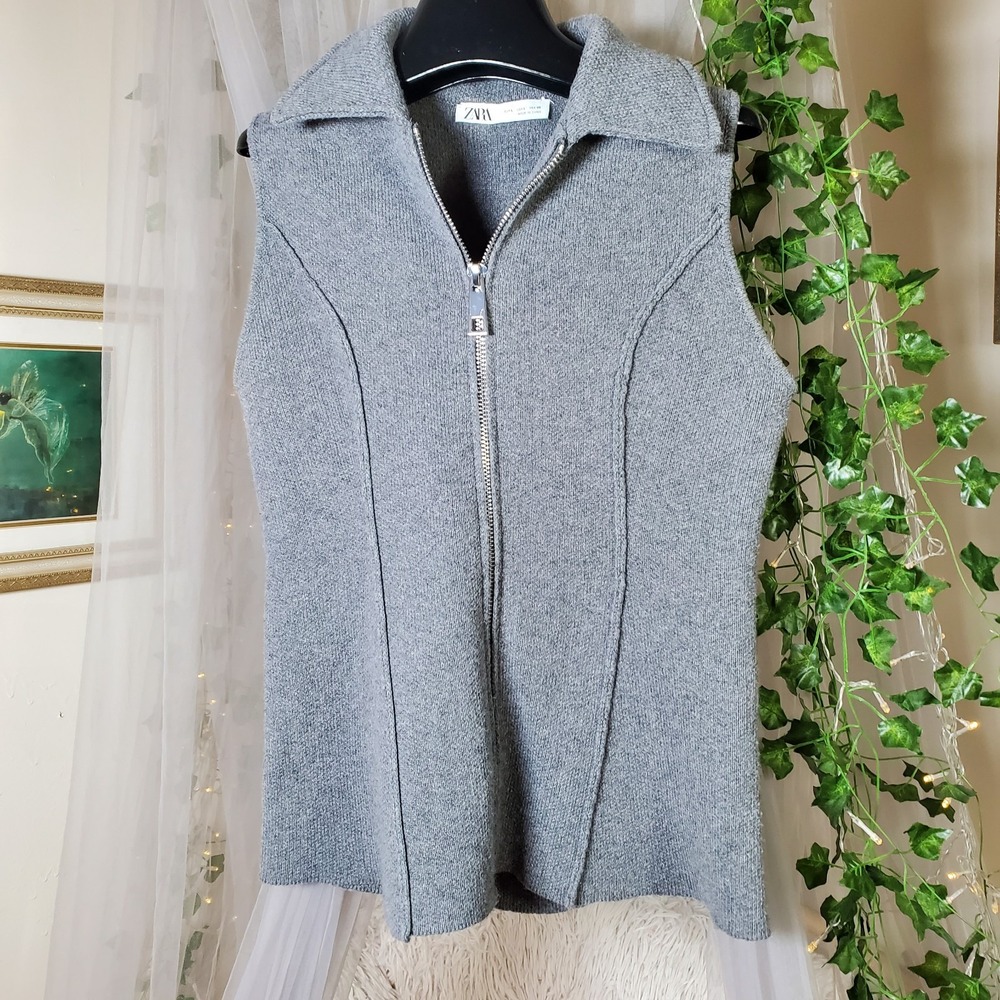 Zara Gray Full Zip Wool Blend Longline Lined Vest Size L Collared Streamlined‎